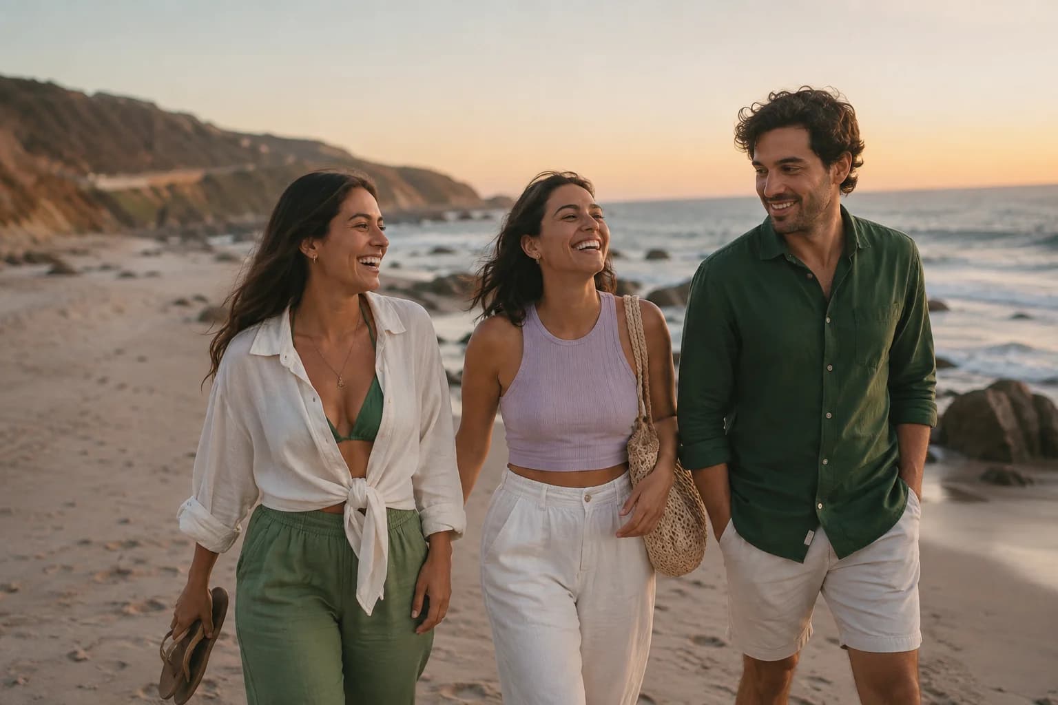 Un grupo de amigos pasea por la costa chilena al atardecer