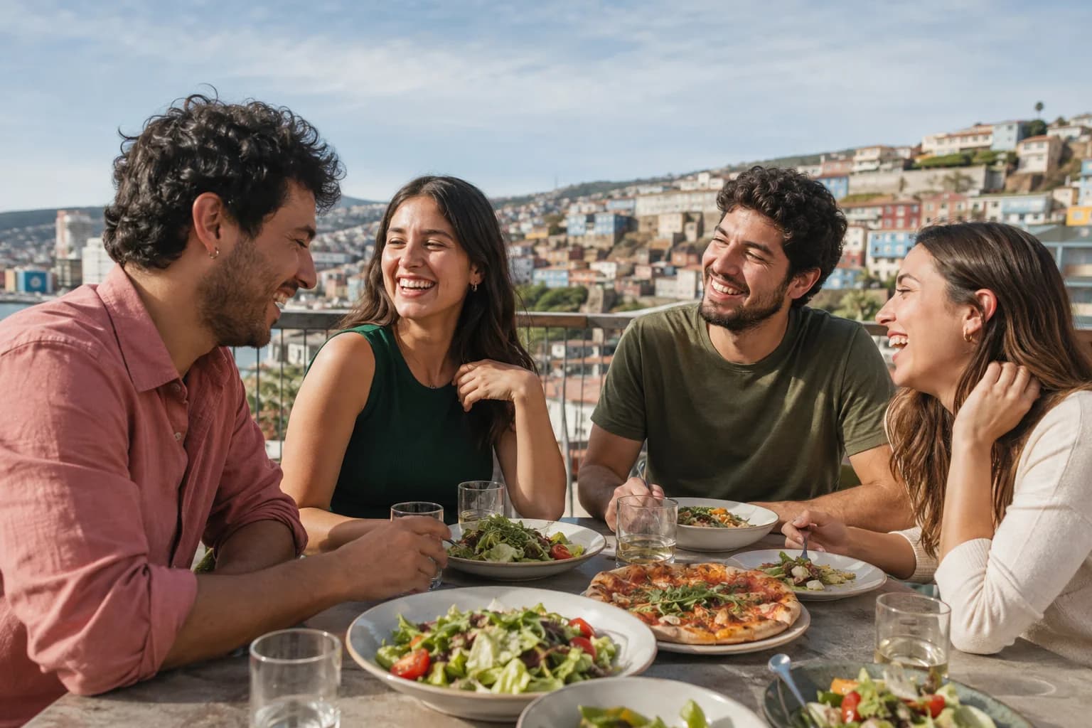 Amigos disfrutando un almuerzo en una terraza de Valparaíso